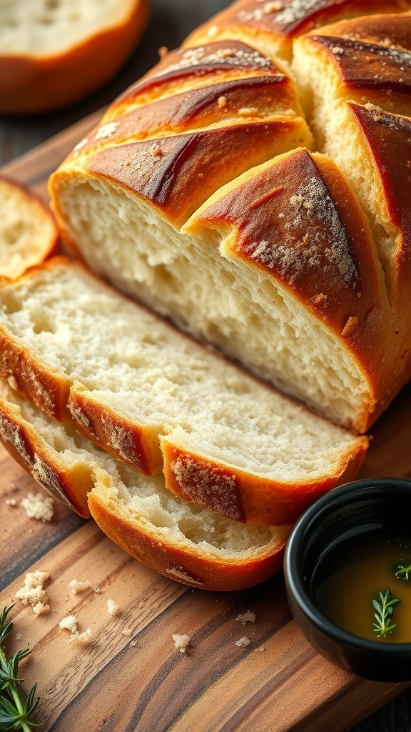 Quick Homemade Bread Recipe A golden brown homemade bread loaf sliced to show soft interior on a wooden cutting board.